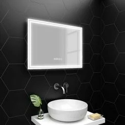 Toreno 700x500mm LED Illuminated Mirror Inc. Anti-Fog, Digital Clock & Touch Sensor - MIR009