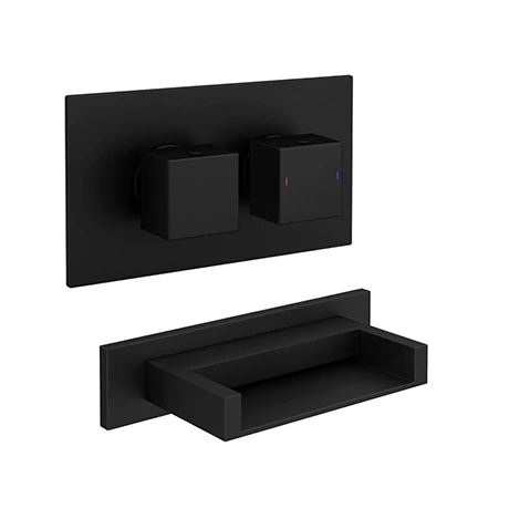 Toreno Matt Black Wall Mounted Waterfall Bath Filler + Concealed Thermostatic Valve 1 Toreno Matt Black Wall Mounted Waterfall Bath Filler + Concealed Thermostatic Valve